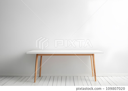 empty wooden white table over white wall background 109807020