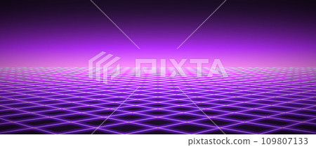 Glowing neon wireframe horizon background. Light purple grid room floor in perspective. Bright violet retro futuristic wallpaper. Abstract checkered plane landscape. Game surface. Vector backdrop 109807133