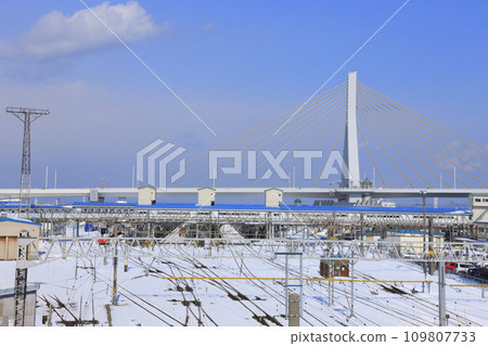 Snowy Aomori Station and Aomori Bay Bridge 109807733