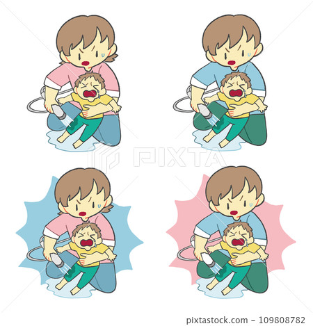 Mother and father giving first aid by pouring water on a burned child Summary set 109808782