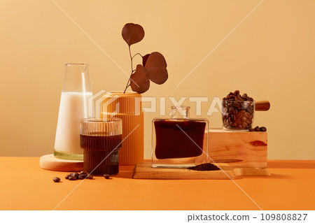 Glasses containing black coffee and milk, showcasing the diverse world of coffee. Highlighting its potential to reduce the risk of type two diabetes. Ample copy space for compelling advertising Glasses containing black coffee and milk, showcasing the diverse world of coffee. Highlighting its potential to reduce the risk of type two diabetes. Ample copy space for compelling advertising 109808827