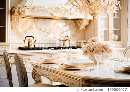 AI-generated content. exquisite expensive kitchen made of marble, mother of pearl and gold with inlay  109809027