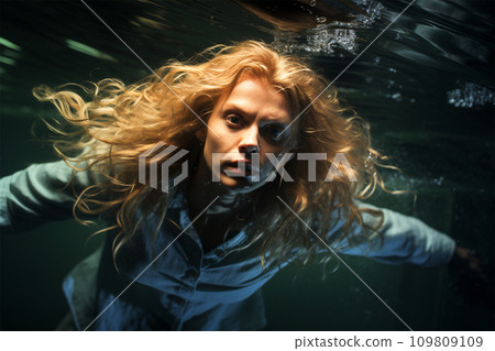 AI-generated content. Portrait of a young man with long hair swimming underwater.  109809109