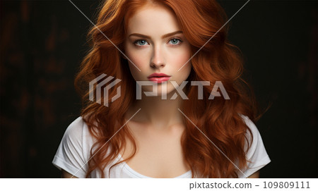 AI-generated content. Beautiful young woman with long red hair on a black background AI-generated content. Beautiful young woman with long red hair on a black background 109809111