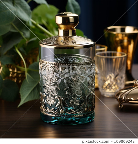 AI-generated content. crystal bottle decanter with geometric faceted pattern and glasses 109809242
