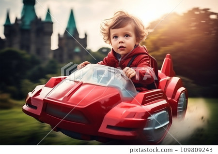 AI-generated content. a little boy sits in a red futuristic toy car 109809243