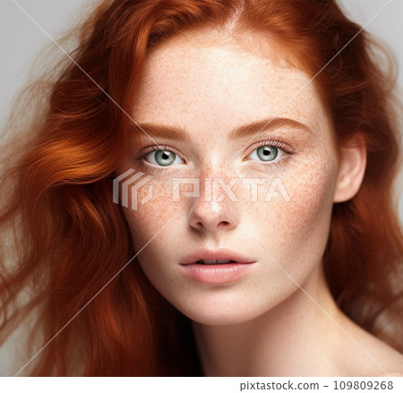 AI-generated content. Portrait of a young beautiful red-haired woman with freckles  109809268