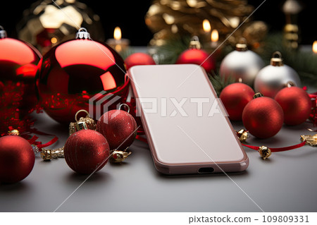 AI-generated content. phone against the background of Christmas tree decorations. AI-generated content. phone against the background of Christmas tree decorations. 109809331