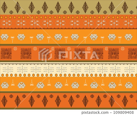 Colorful Fabric Design with Traditional Patterns in Horizontal Strips Colorful Fabric Design with Traditional Patterns in Horizontal Strips 109809408