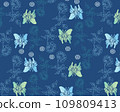Elegant Butterflies and Flowers on Dark Blue Pattern 109809413