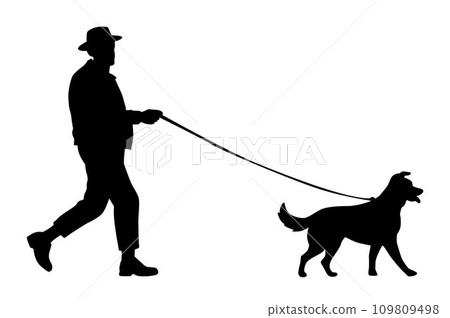 Old man walking with dog, man with pet silhouette 109809498