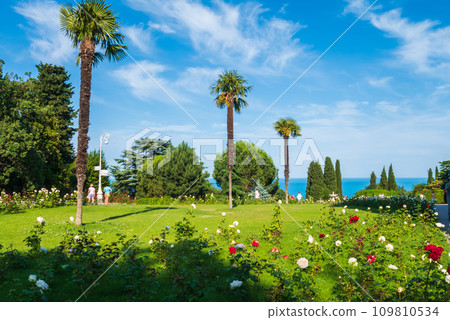 A small neat park with purple flowers. A small neat park with purple flowers. 109810534