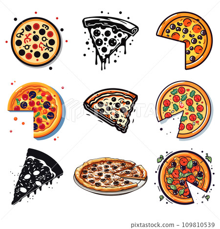 Pizza types set. Different filling types, italian fast food. Pizza types set. Different filling types, italian fast food. 109810539