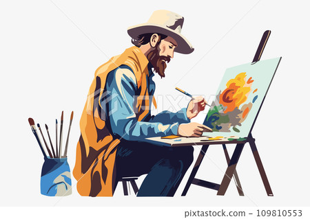 Young man artist siting and making drawing on canvas feeling creative. 109810553