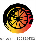 Car wheel with fire flame, car service emblem.  109810582