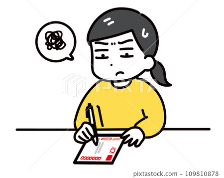 一位身著休閒服的年輕女子，一臉苦惱地寫著新年賀卡（上身） 109810878