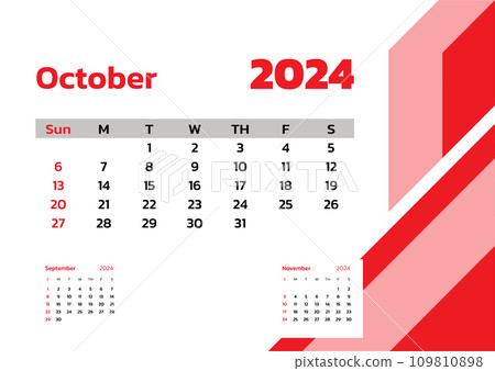 October 2024 Calendar. Week start on Sunday. Desk calendar 2024 design, simple and clean design, Wall calendar for print, digital calendar, Corporate design planner template vector. October 2024 Calendar. Week start on Sunday. Desk calendar 2024 design, simple and clean design, Wall calendar for print, digital calendar, Corporate design planner template vector. 109810898