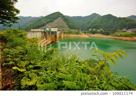 Tamagawa Dam embankment and Lake Hosen Tamagawa Dam embankment and Lake Hosen 109811174