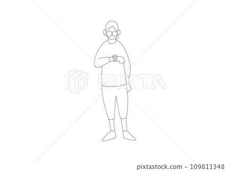 一個髮髻頭髮的男人看著時鐘 — 簡單的線條畫插圖 一個髮髻頭髮的男人看著時鐘 — 簡單的線條畫插圖 109811348