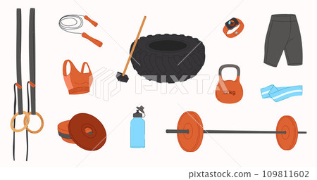 Vector workout objects set. Gym equipment flat design. Collection on sport theme. Ideal for sport guide 109811602