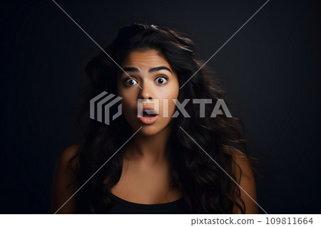 AI-generated content. Surprised Hispanic young adult woman on black background. Neural network generated photorealistic image. AI-generated content. Surprised Hispanic young adult woman on black background. Neural network generated photorealistic image. 109811664