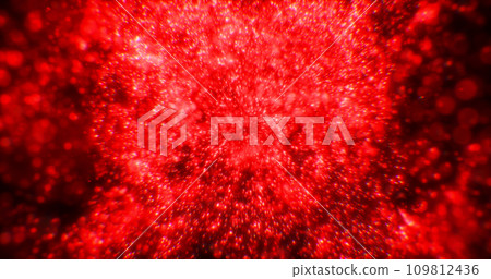 Blurred red abstract background of bokeh and small round particles of energy magical holiday flying dots on a black background 109812436