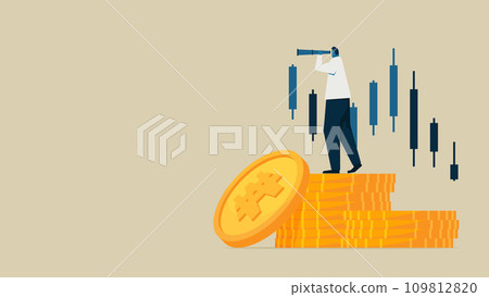 A man checking stock charts through a telescope. At his feet is a pile of coins. 109812820