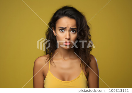 AI-generated content. Surprised attractive young adult Latin American woman on yellow background. Neural network generated photorealistic image. 109813121