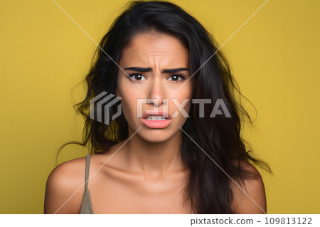 AI-generated content. Surprised attractive young adult Latin American woman on yellow background. Neural network generated photorealistic image. 109813122