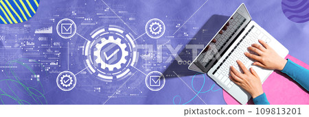 Quality control approval with person using a laptop Quality control approval with person using a laptop 109813201