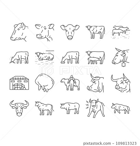 cow farm dairy cattle milk white icons set vector 109813323