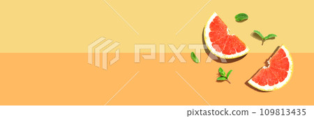 Fresh grapefruits and mints overhead view 109813435