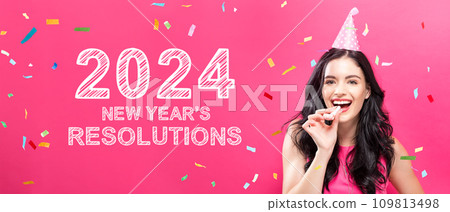 2024 New Years Resolutions with young woman with party theme 109813498