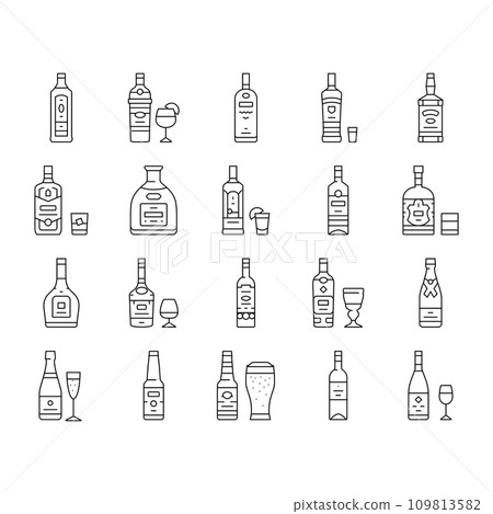 alcohol bottle glass drink bar icons set vector 109813582