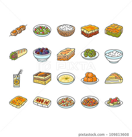 greek cuisine food lunch icons set vector 109813608