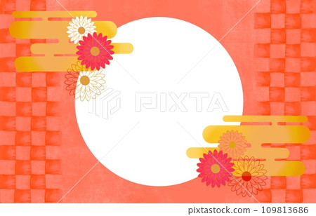 紅色背景上帶有格子圖案和菊花圖案的日式插圖,可用於新年問候和慶祝活動。 紅色背景上帶有格子圖案和菊花圖案的日式插圖,可用於新年問候和慶祝活動。 109813686