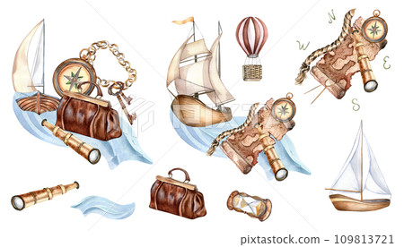 Watercolor journey set with sailing ship, yacht and ship in pastel colors. Hand painted spyglass, travel bag isolated on white background. Childish design elements. Adventure items hand drawn 109813721