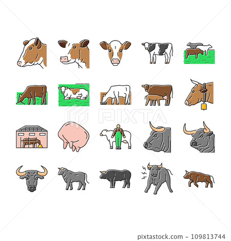 cow farm dairy cattle milk white icons set vector 109813744