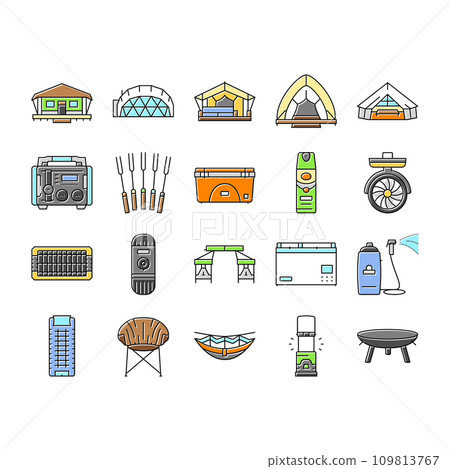 glamping tent nature luxury icons set vector 109813767