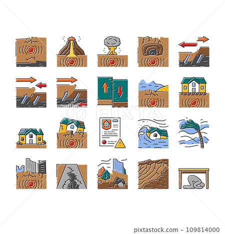 earthquake disaster wave crack icons set vector 109814000