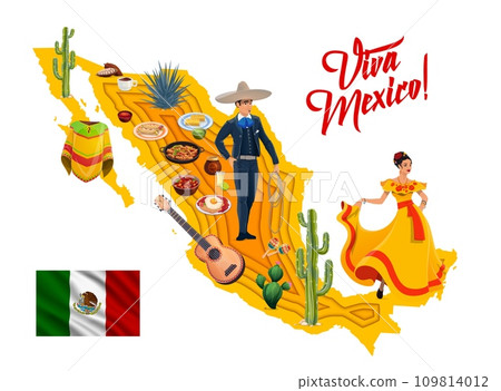 Viva Mexico, Mexican paper cut map with national characters and cuisine, clothes and musical instruments, vector background. Mexican charro man in sombrero and woman in ethnic dress, guitar and poncho Viva Mexico, Mexican paper cut map with national characters and cuisine, clothes and musical instruments, vector background. Mexican charro man in sombrero and woman in ethnic dress, guitar and poncho 109814012