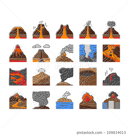 volcano lava eruption nature icons set vector 109814013