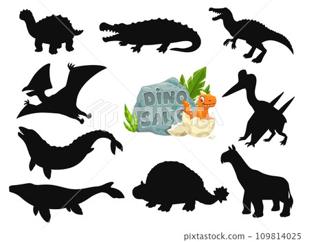 Cartoon dinosaurs cute characters silhouettes. Prehistoric reptile, extinct animal funny vector personages. Basilosaurus, Quetzalcoatlus, Indricotherium and Sarcosuchus, Baryonyx, Mosasaurus dinosaurs Cartoon dinosaurs cute characters silhouettes. Prehistoric reptile, extinct animal funny vector personages. Basilosaurus, Quetzalcoatlus, Indricotherium and Sarcosuchus, Baryonyx, Mosasaurus dinosaurs 109814025