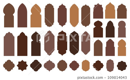 Islamic door shapes. Isolated vector set of arab mosque arches, windows and gates. Elegant architecture elements, icons for Muslim Ramadan Kareem or Eid Mubarak holiday. Brown portal frames collection 109814043