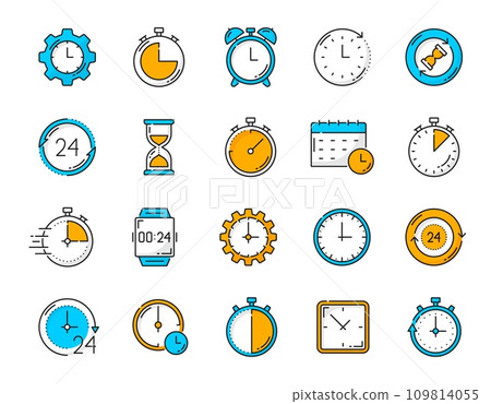 Timer clock color outline icons. Calendar reminder, clock alarm, stopwatch timer pictograms. Digital wristwatch, time management chronometer or business deadline hourglass outline vector symbols set 109814055