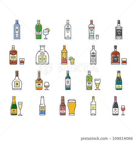 alcohol bottle glass drink bar icons set vector 109814066