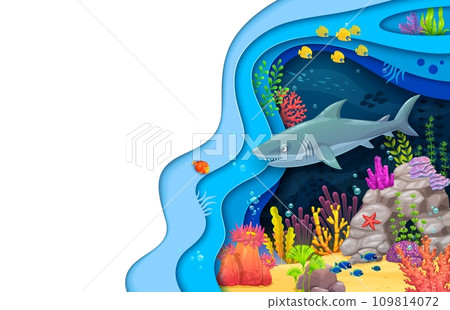 Cartoon sea paper cut underwater landscape and angry shark. Vector 3d papercut art background with marine predator corals, and layered waves, promoting environmental awareness and conservation 109814072