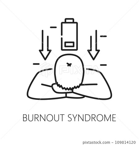 Burnout syndrome. Psychological disorder problem, mental health icon. Psychotherapy, human psychology or mental disorder problem thin line vector icon with tired, stressed man, low energy battery 109814120