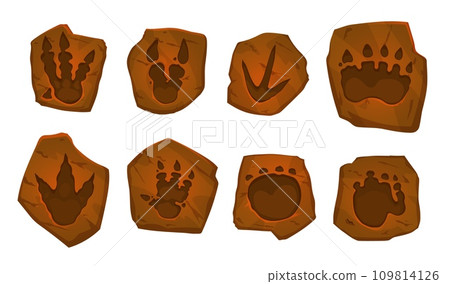 Ancient dinosaur footprints, archaeology fossil. Isolated vector dino animal paw prints, reptile foot trail impression in stone. Cartoon ancient jurassic era archaeological and paleontology finds 109814126