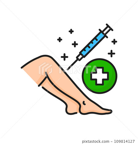 Injection into vein in leg, medical sclerotherapy surgery, injection and cross sign color line icon. Vector varicose veins treatment medical procedure 109814127